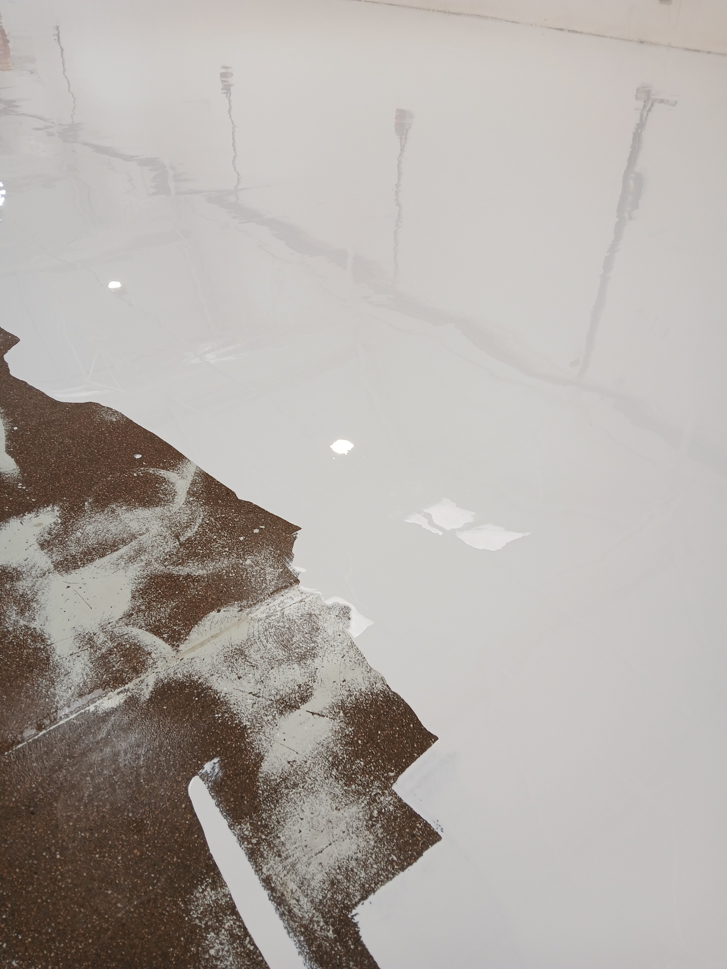 During: custom light grey solid colour epoxy resin being applied over the prepared 400m² industrial slab